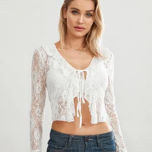 Women's Lace Crop Top Flare Sleeve Sheer Cardigan