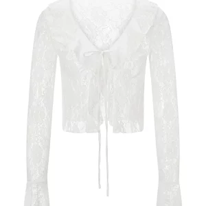 Women's Lace Crop Top Flare Sleeve Sheer Cardigan