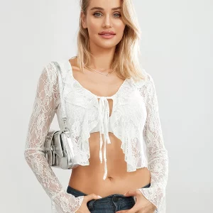 Women's Lace Crop Top Flare Sleeve Sheer Cardigan