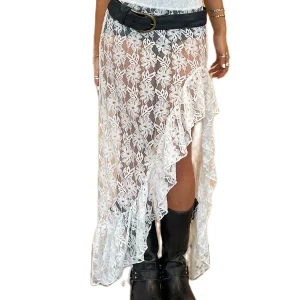 Women's Lace Floral Sheer Long Skirt - Elastic Waist Ruffled Asymmetrical Cover-up