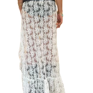 Women's Lace Floral Sheer Long Skirt - Elastic Waist Ruffled Asymmetrical Cover-up