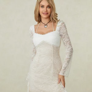 Women's Lace Halter Mini Dress with Long Sleeves