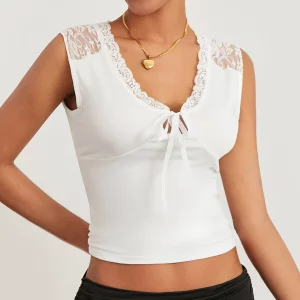 Women's Lace Patchwork Crop Tank Top with V-Neck Tie - Summer Streetwear