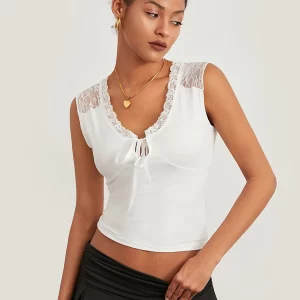 Women's Lace Patchwork Crop Tank Top with V-Neck Tie - Summer Streetwear