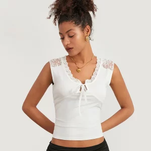 Women's Lace Patchwork Crop Tank Top with V-Neck Tie - Summer Streetwear