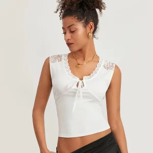 Women's Lace Patchwork Crop Tank Top with V-Neck Tie - Summer Streetwear