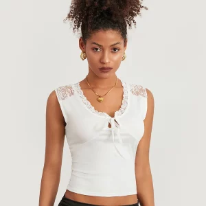 Women's Lace Patchwork Crop Tank Top with V-Neck Tie - Summer Streetwear