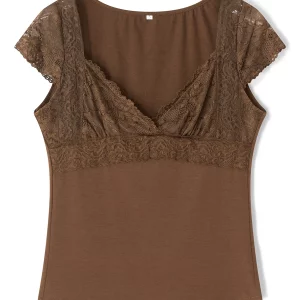 Women's Lace Sweetheart Neckline Slim Fit 3/4 Sleeve T-Shirt