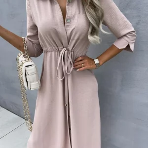 Women's Lace-up Waist Mid-sleeve Solid Color Dress