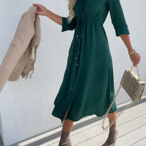 Women's Lace-up Waist Mid-sleeve Solid Color Dress