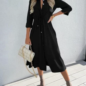 Women's Lace-up Waist Mid-sleeve Solid Color Dress