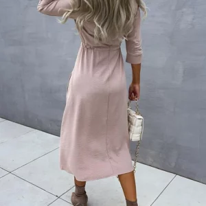 Women's Lace-up Waist Mid-sleeve Solid Color Dress