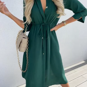 Women's Lace-up Waist Mid-sleeve Solid Color Dress