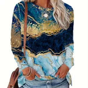 Women's Marble Print Loose Fit Long Sleeve T-Shirt