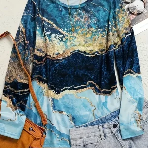 Women's Marble Print Loose Fit Long Sleeve T-Shirt