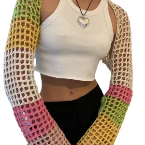 Women's Mesh Long Sleeve Shrug: Crochet Contrast Color Summer Crop Top