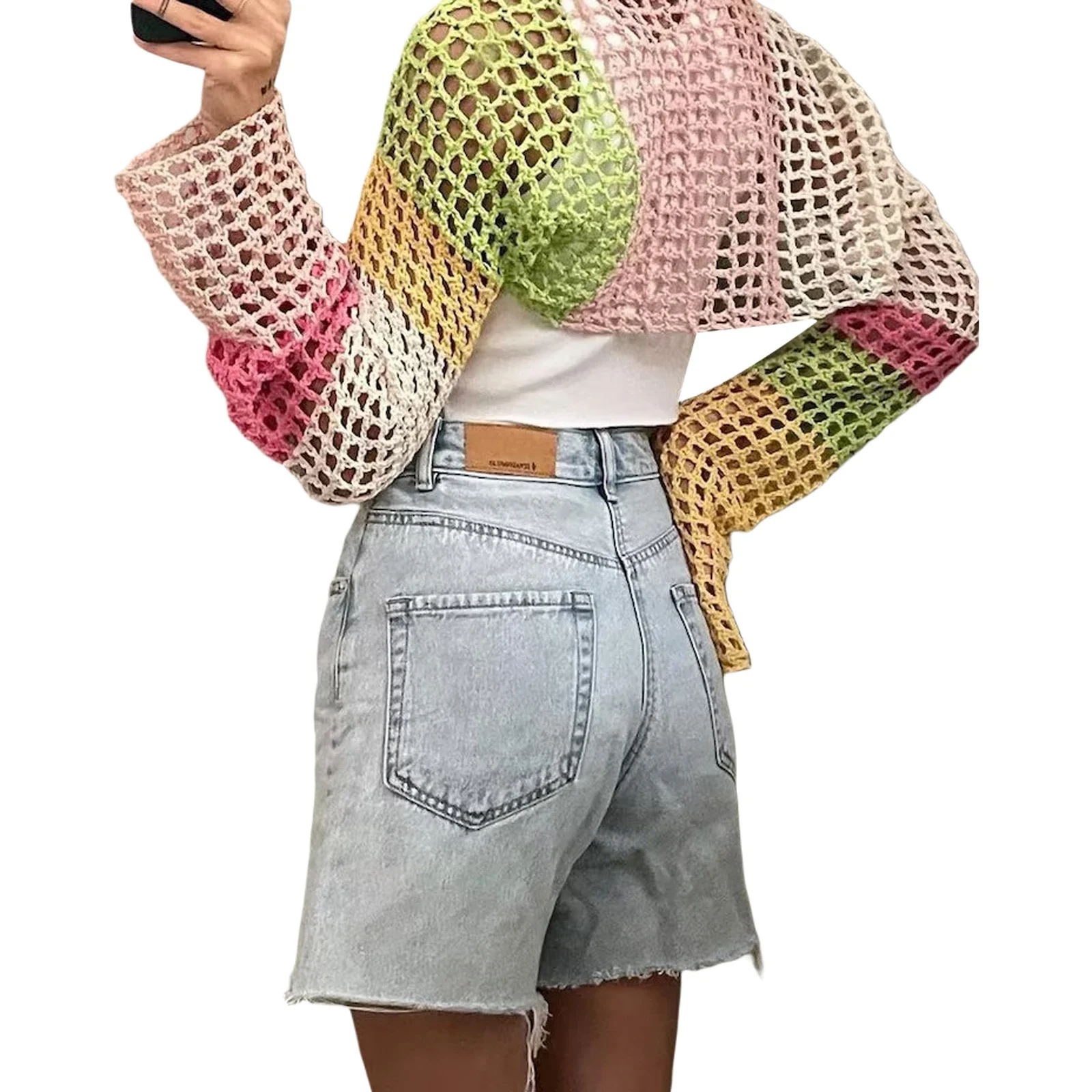 Women's Mesh Long Sleeve Shrug: Crochet Contrast Color Summer Crop Top