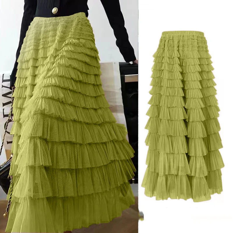 Women's Multilayer Ruffles Tulle Maxi Skirt, High Waist Fairy Cake Dress, Long Tutu Party