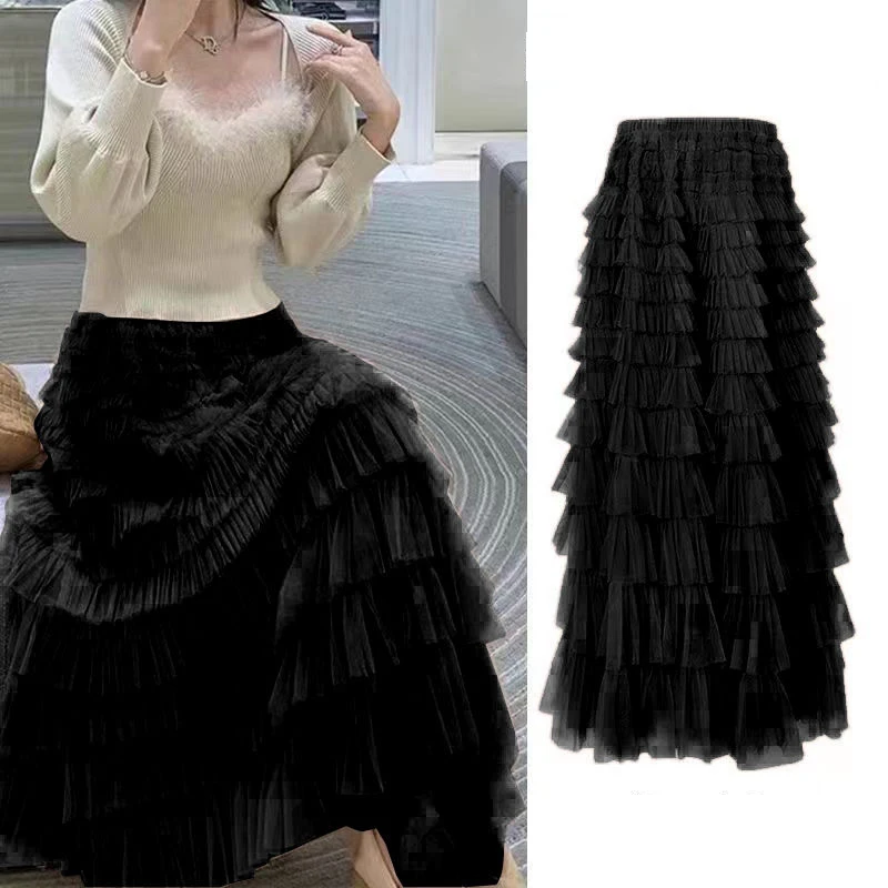 Women's Multilayer Ruffles Tulle Maxi Skirt, High Waist Fairy Cake Dress, Long Tutu Party