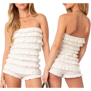 Women's Off-Shoulder Tube Jumpsuit with Ruffle Shorts