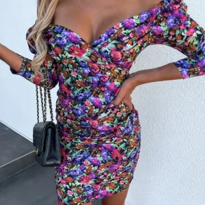 Women's Off-Shoulder V-Neck Floral Print Summer Dress