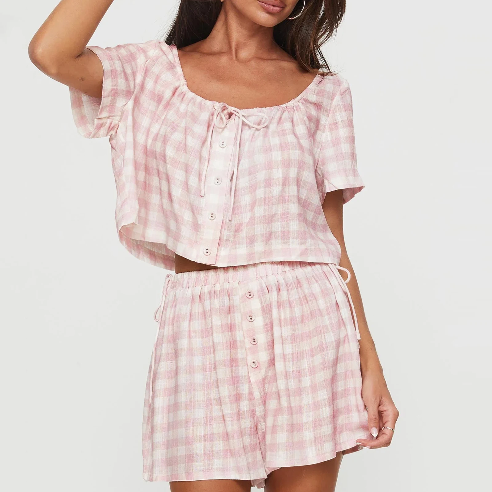 Women's Plaid Button Tie-Up Shorts Set with Short Sleeve T-Shirt