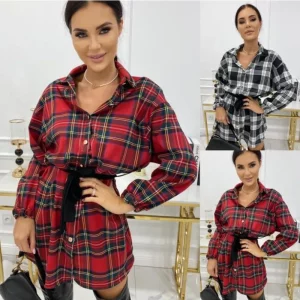 Women's Plaid Tie-Up Long Sleeve Shirt with Lapel - Casual Autumn/Winter Top