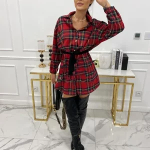 Women's Plaid Tie-Up Long Sleeve Shirt with Lapel - Casual Autumn/Winter Top