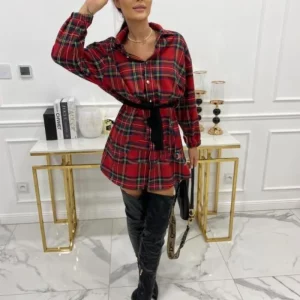 Women's Plaid Tie-Up Long Sleeve Shirt with Lapel - Casual Autumn/Winter Top