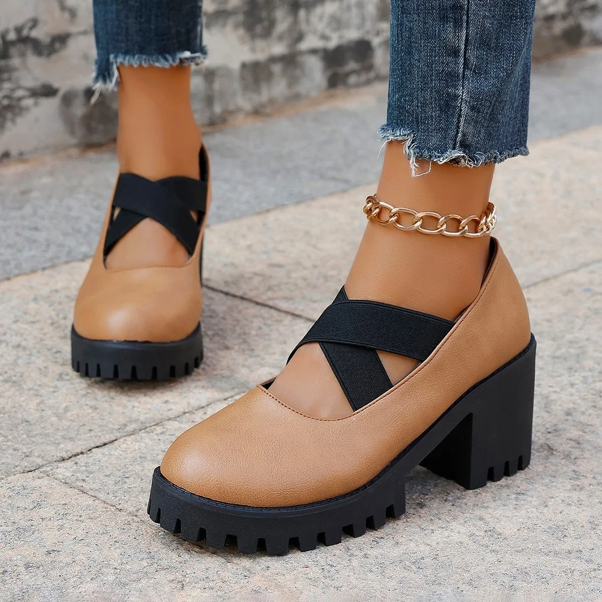 Women's Platform Mary Jane High Heel Shoes - Spring Chunky Sandals