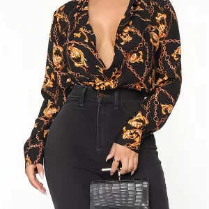 Women's Plus Size Baroque Print Long Sleeve Casual Blouse