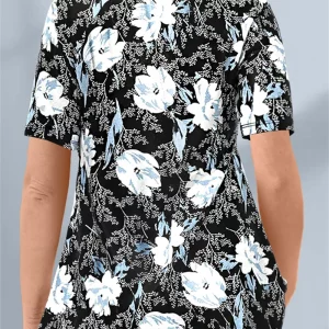 Women's Plus Size Black Floral Print V-Neck Tee