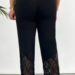 Women's Plus Size Casual Pants with Solid Contrast Lace Detail