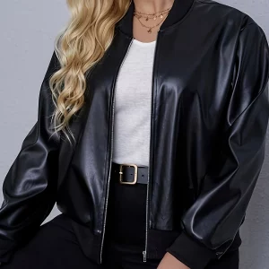 Women's Plus Size Classic PU Leather Jacket with Drop Shoulder Zip-Up