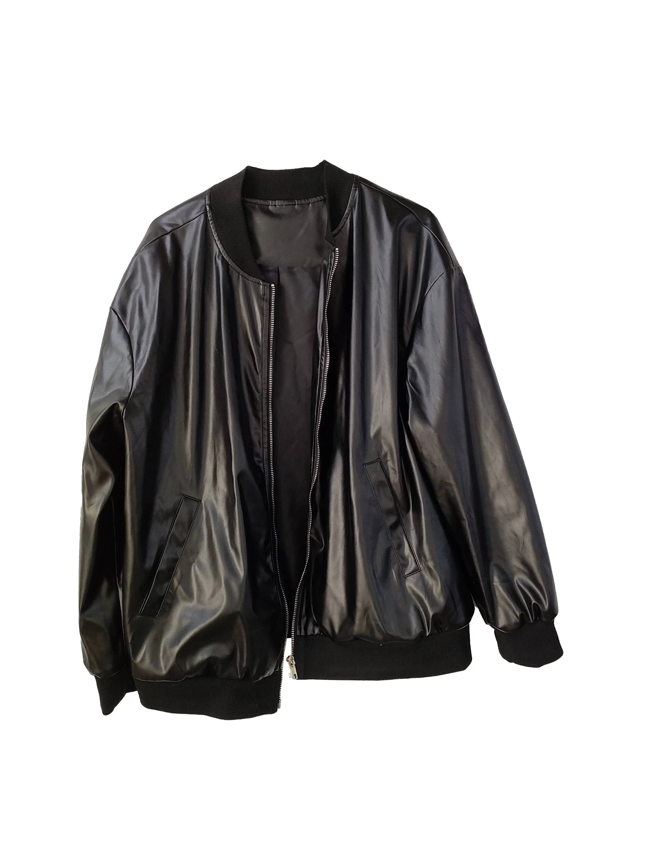 Women's Plus Size Classic PU Leather Jacket with Drop Shoulder Zip-Up