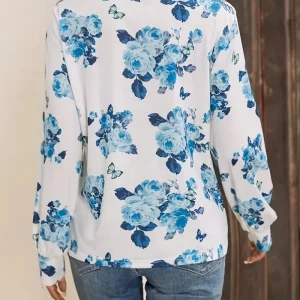 Women's Plus Size Colorblock Floral Print Lace Long Sleeve Top