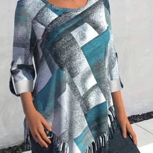 Women's Plus Size Colorblock Geometric Print Top with Roll Up Sleeves