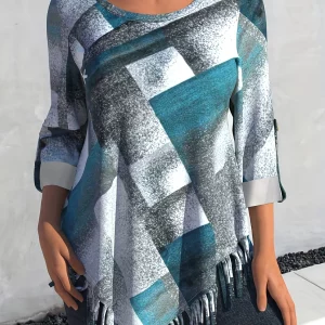 Women's Plus Size Colorblock Geometric Print Top with Roll Up Sleeves