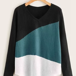 Women's Plus Size Colorblock Knit Top with V-Neck & Long Sleeves