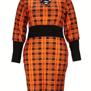 Women's Plus Size Colorblock Plaid Print Lace Up Lantern Sleeve V-Neck Dress