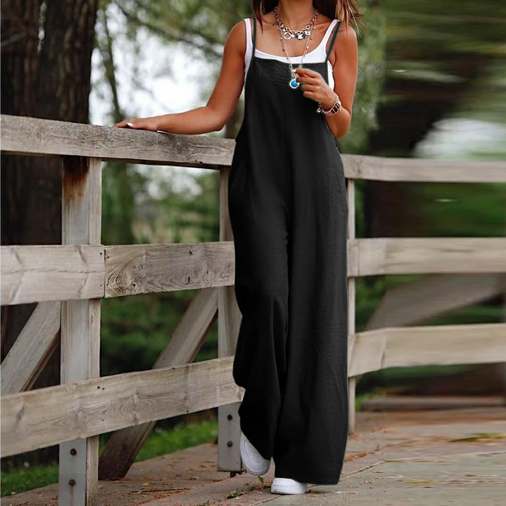 Women's Plus Size Cotton Linen Wide-Leg Overalls for Casual Summer Style