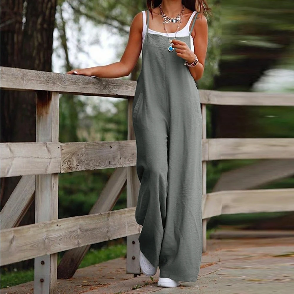 Women's Plus Size Cotton Linen Wide-Leg Overalls for Casual Summer Style