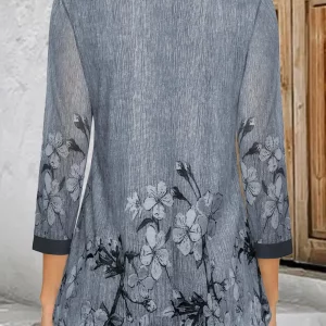 Women's Plus Size Dusty Blue Mesh Floral Print Dress