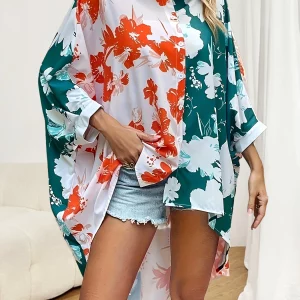 Women's Plus Size Floral Print Bat Sleeve Color Block Shirt