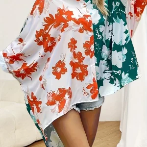 Women's Plus Size Floral Print Bat Sleeve Color Block Shirt