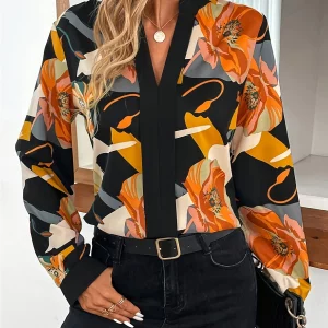 Women's Plus Size Floral Print Deep V-Neck Long Sleeve Shirt