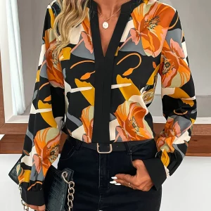 Women's Plus Size Floral Print Deep V-Neck Long Sleeve Shirt