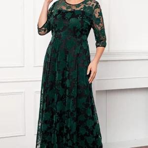 Women's Plus Size Green Rose Flocking Mesh Double Layer Tunic Evening Maxi Dress