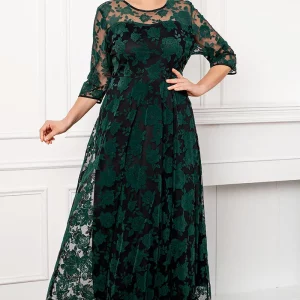 Women's Plus Size Green Rose Flocking Mesh Double Layer Tunic Evening Maxi Dress