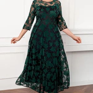 Women's Plus Size Green Rose Flocking Mesh Double Layer Tunic Evening Maxi Dress